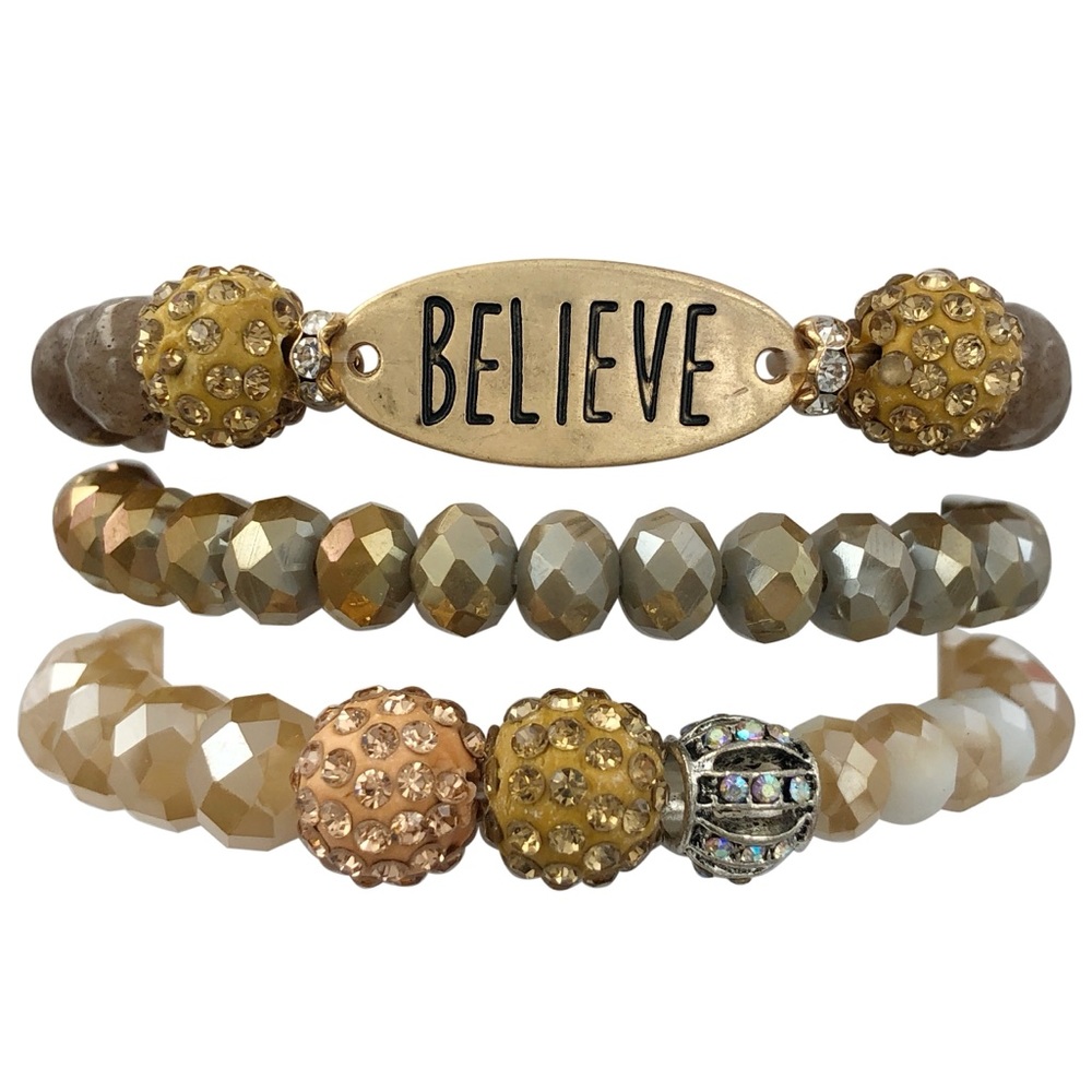 BELIEVE 3 Row Glass, Stone & Rhinestones Beaded Set Layered Stretch Bracelets
